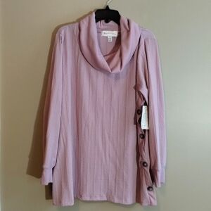 Cowl Neck Knitted Cable-Pattern Sweater Tunic w/ Button Detail, Pink, 2XL - NWT